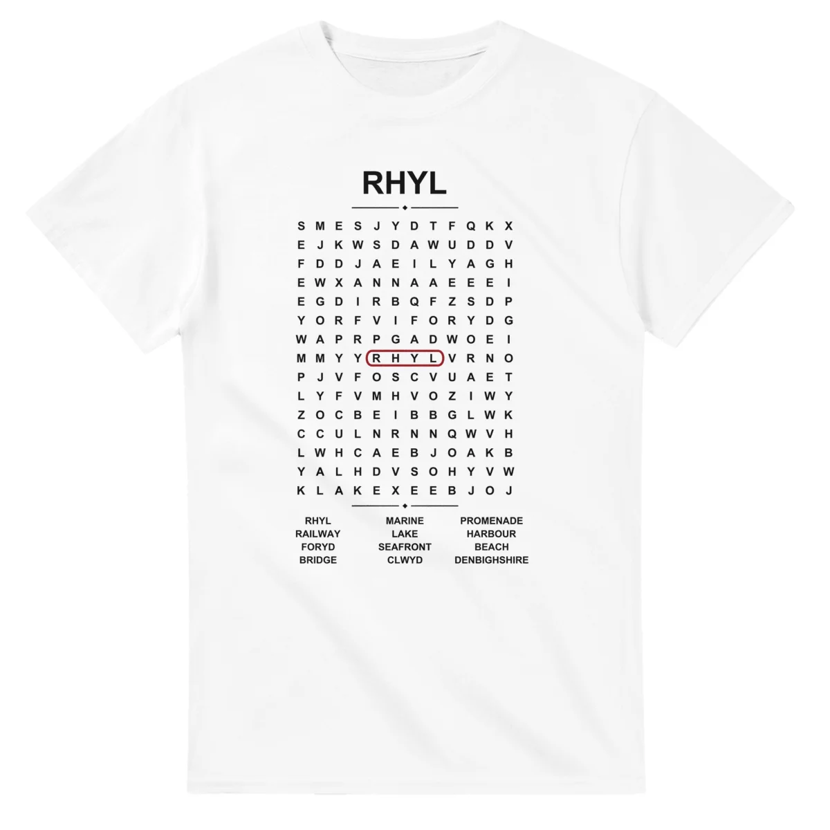 Word-search sheet for Rhyl, with a large place-name heading, a letter grid, a local answer list, and a red highlighted example word.