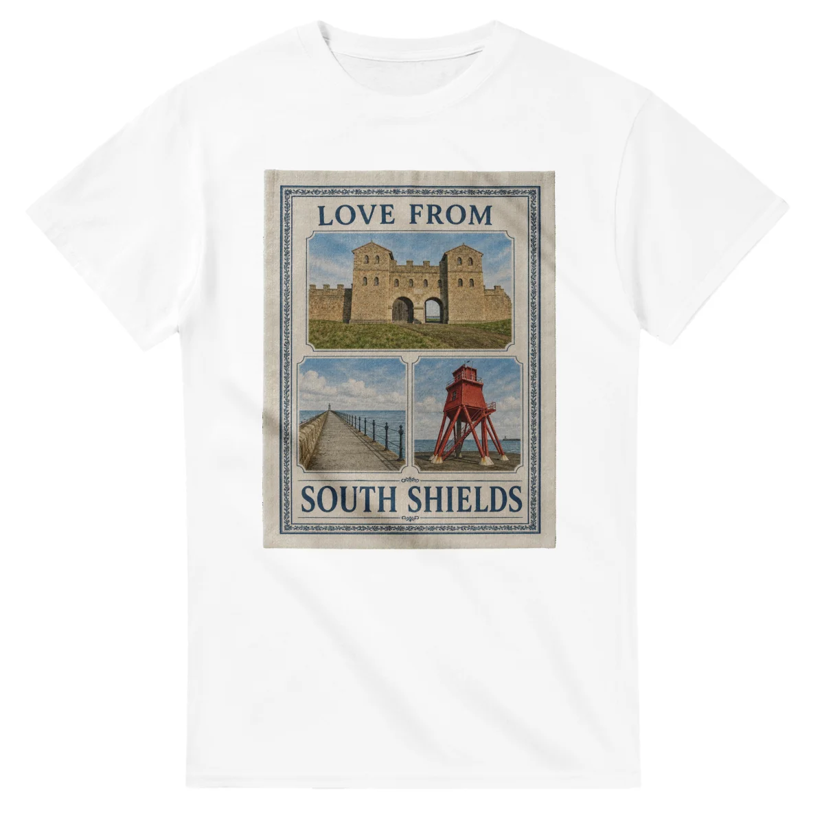 Framed scenic design for South Shields, with several local views, a decorative border and LOVE FROM lettering.