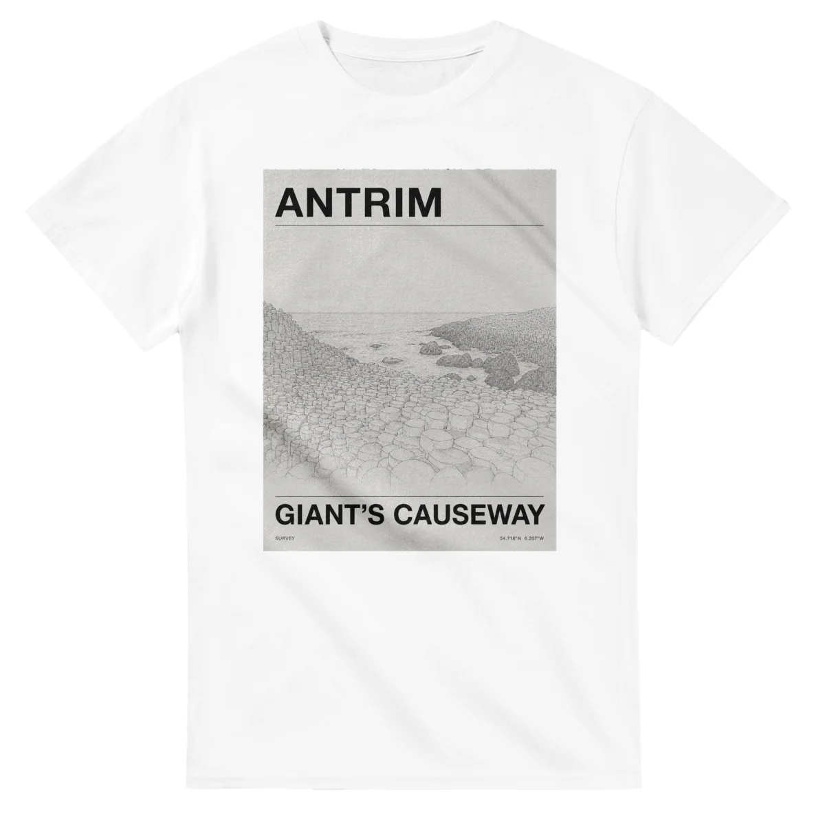 Fine-line engraving-style drawing for Antrim, with a landmark caption and small coordinate text.