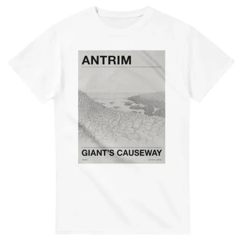 Fine-line engraving-style drawing for Antrim, with a landmark caption and small coordinate text.