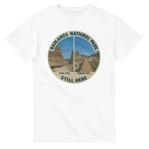 Painted, panelled scenic illustration for Badlands National Park, with paired local scenes and the place name in lettering.
