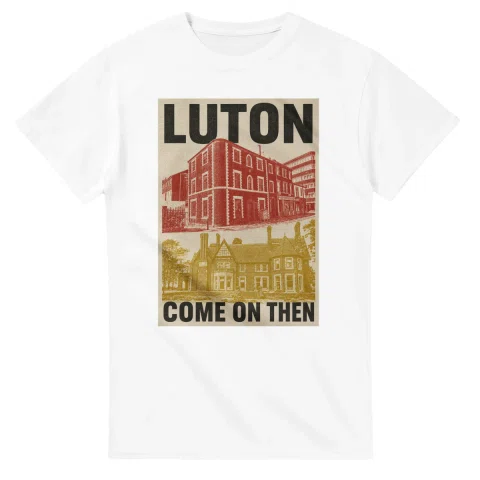 Two-colour scenic illustration for Luton, with the place name and COME ON THEN lettering.