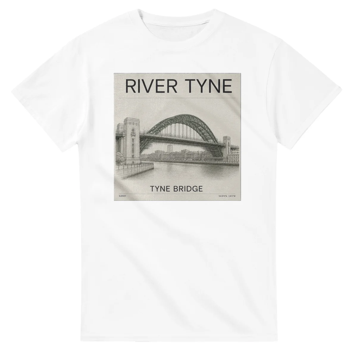 Fine-line engraving-style drawing for River Tyne, with a landmark caption and small coordinate text.
