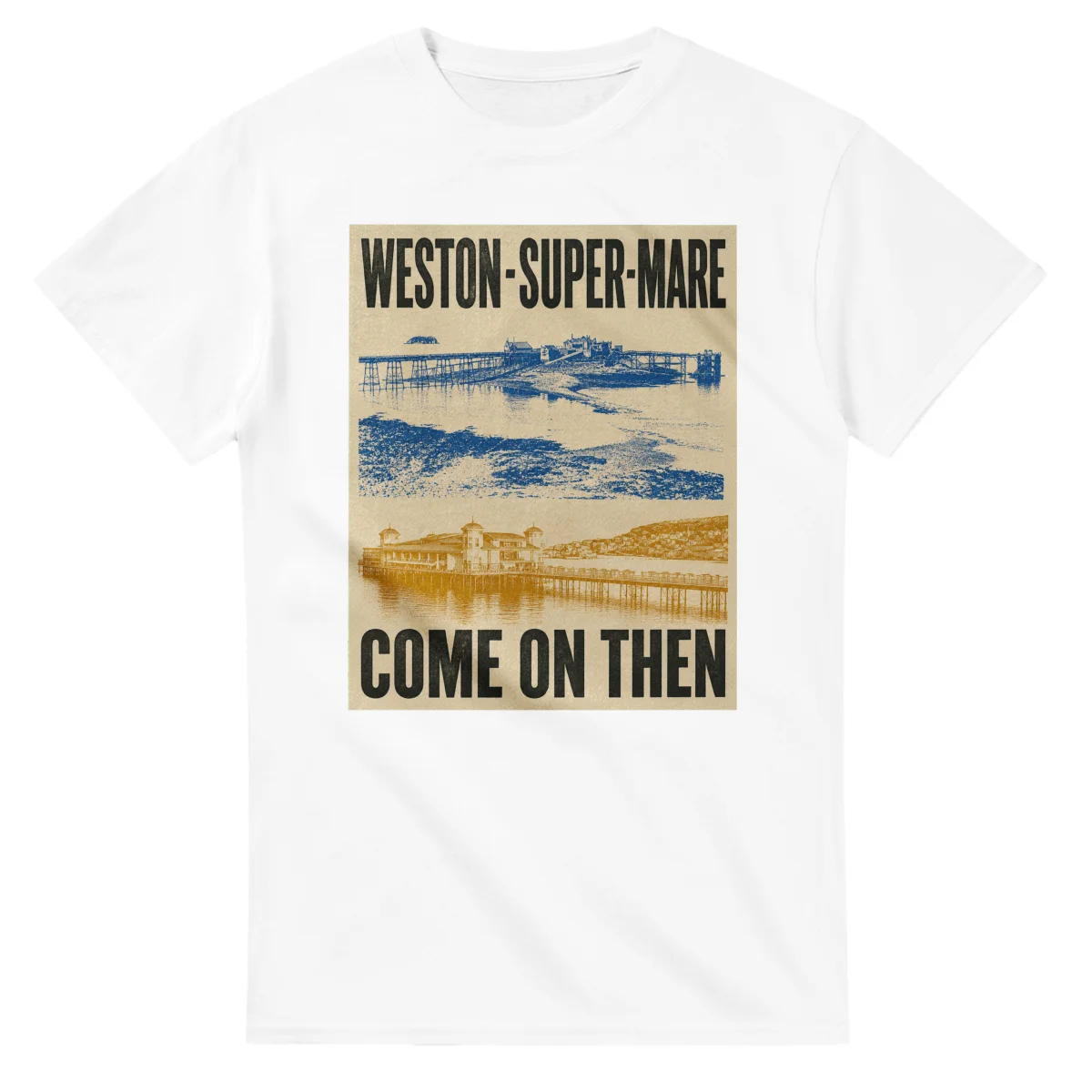Two-colour scenic illustration for Weston-super-Mare, with the place name and COME ON THEN lettering.