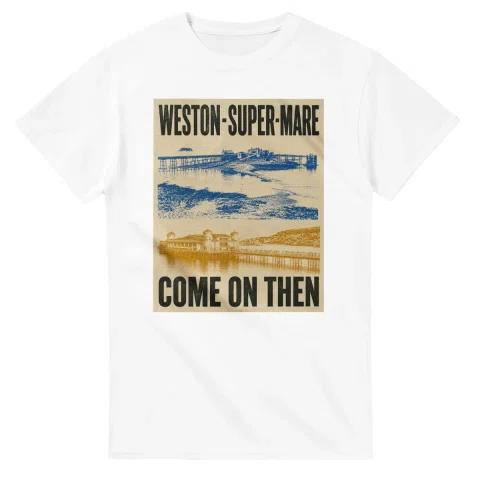 Two-colour scenic illustration for Weston-super-Mare, with the place name and COME ON THEN lettering.