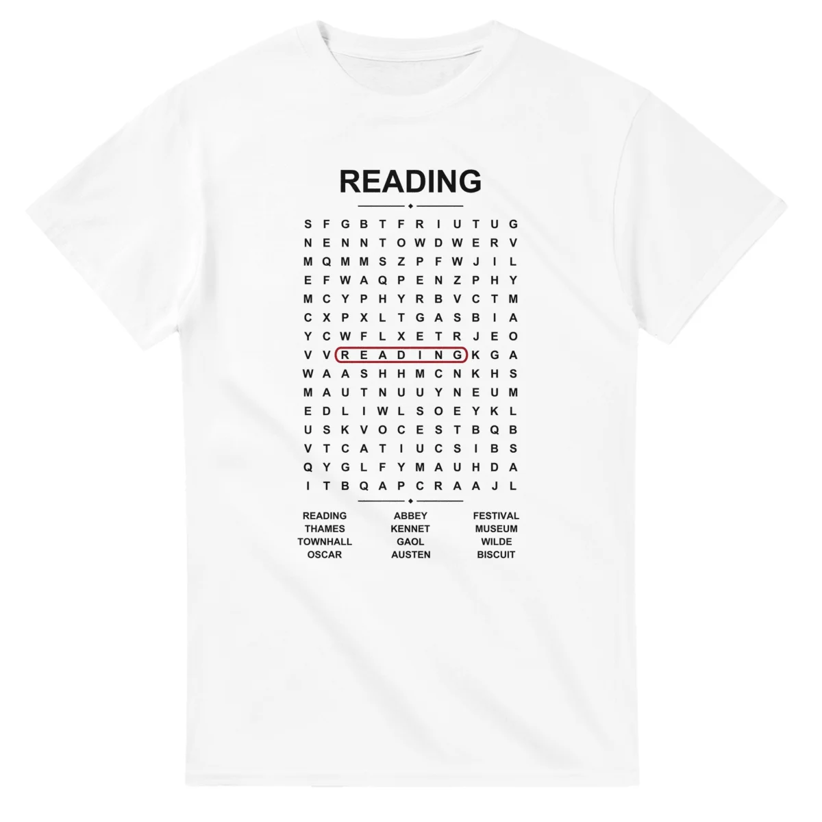 Word-search sheet for Reading, with a large place-name heading, a letter grid, a local answer list, and a red highlighted example word.