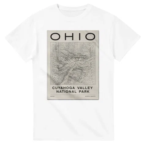 Fine-line engraving-style drawing for Ohio, with a landmark caption and small coordinate text.