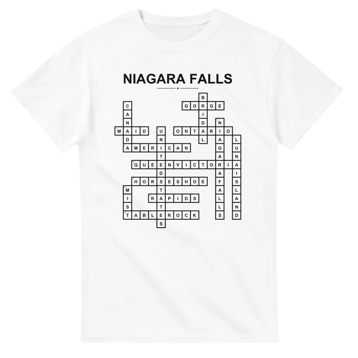 Monochrome crossword sheet for Niagara Falls, with a large place-name heading, a letter grid, and numbered across and down clues.