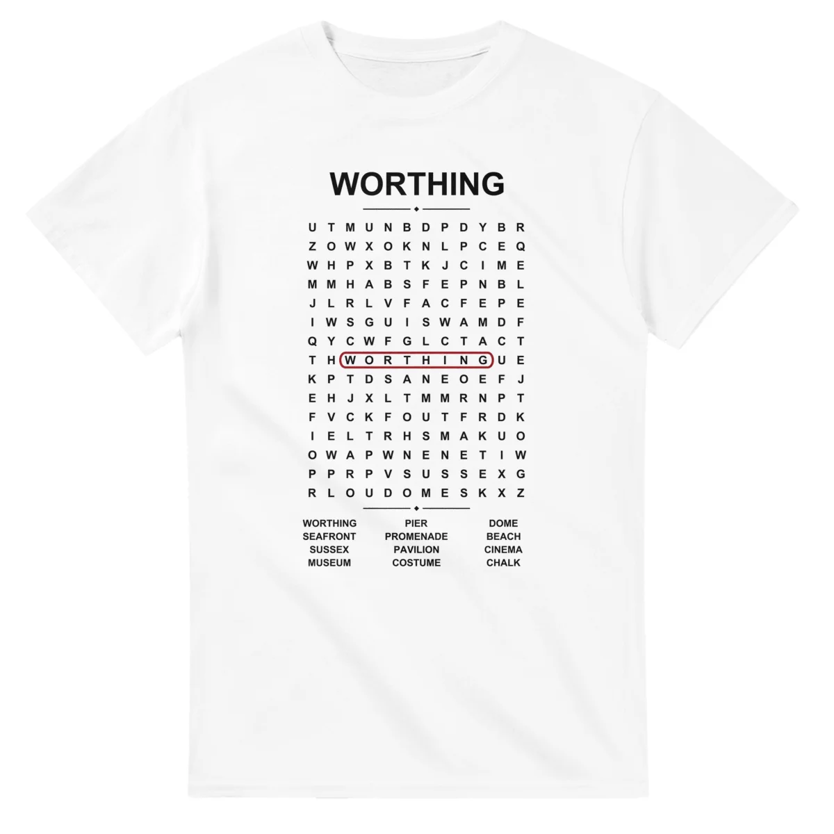 Word-search sheet for Worthing, with a large place-name heading, a letter grid, a local answer list, and a red highlighted example word.