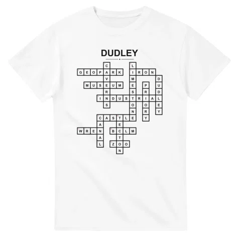 Monochrome crossword sheet for Dudley, with a large place-name heading, a letter grid, and numbered across and down clues.