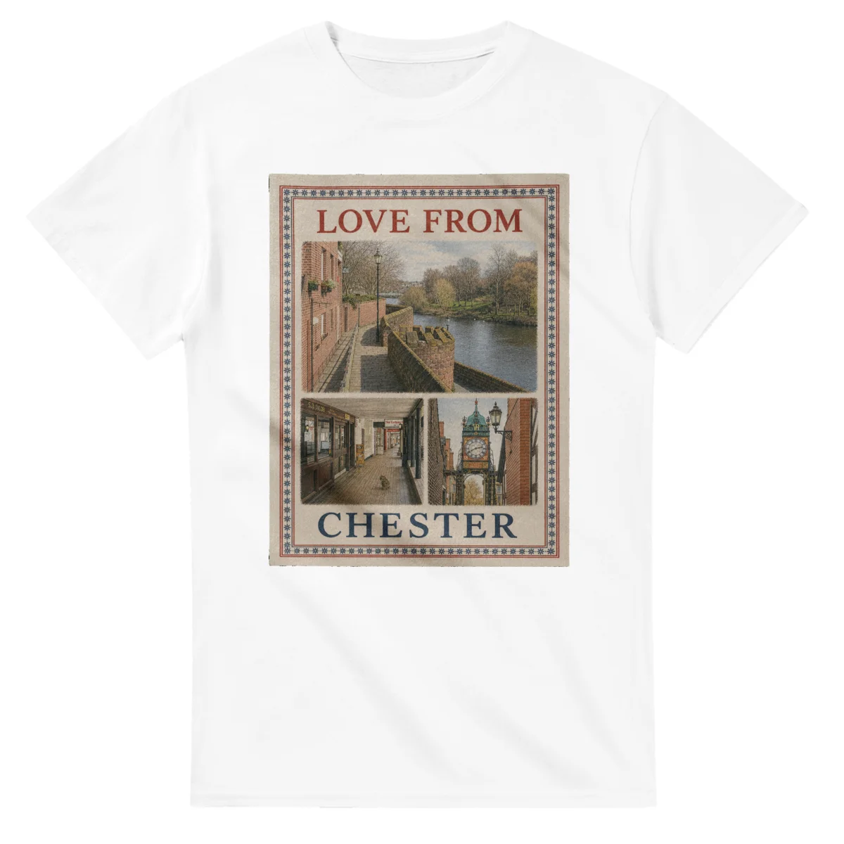 Framed scenic design for Chester, with several local views, a decorative border and LOVE FROM lettering.