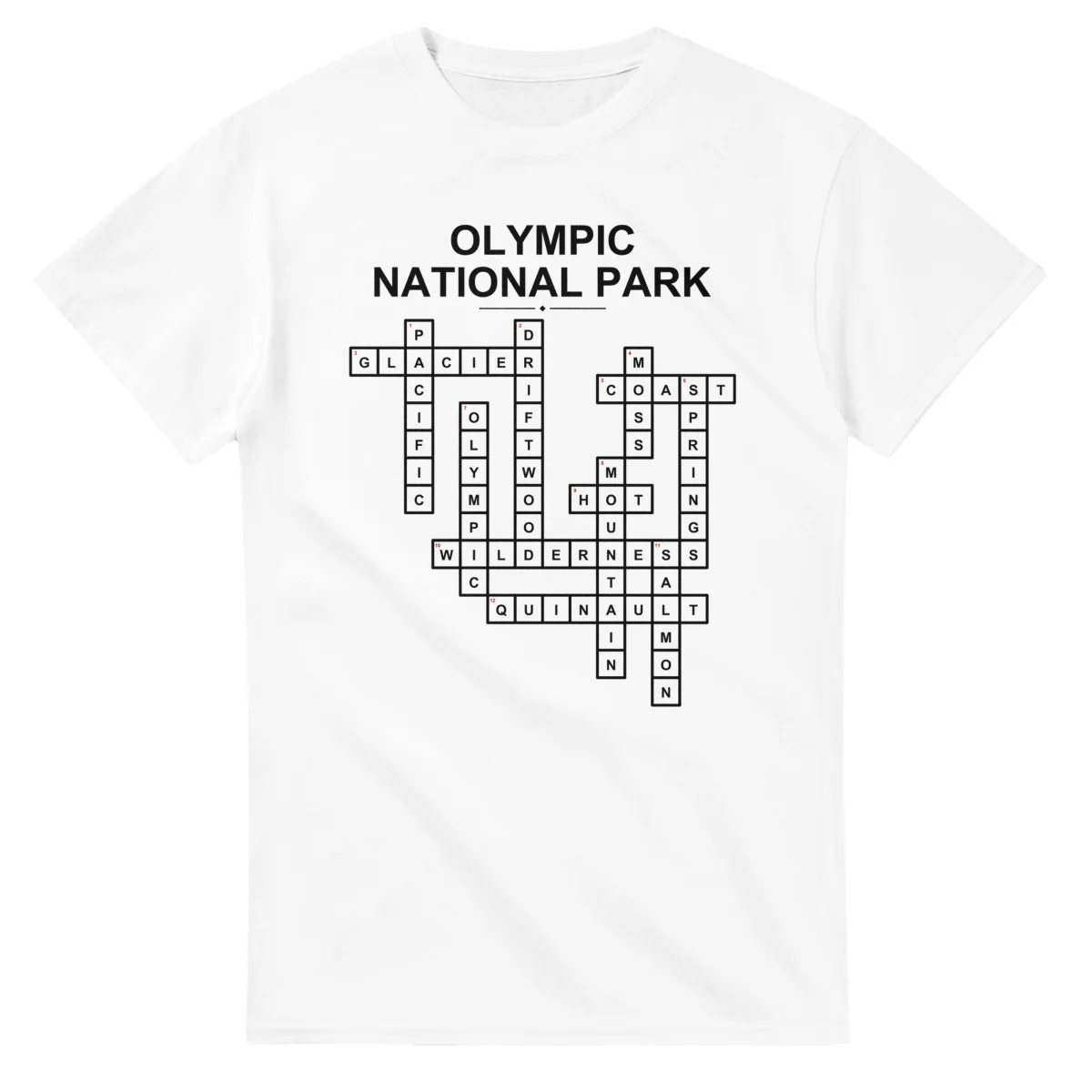 Monochrome crossword sheet for Olympic National Park, with a large place-name heading, a letter grid, and numbered across and down clues.