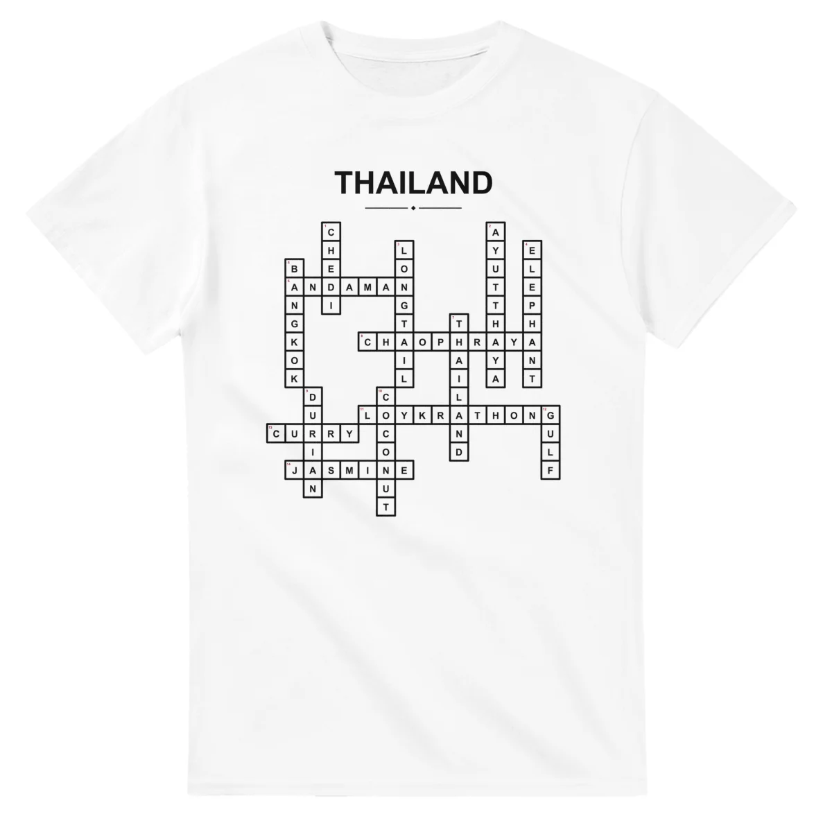 Monochrome crossword sheet for Thailand, with a large place-name heading, a letter grid, and numbered across and down clues.