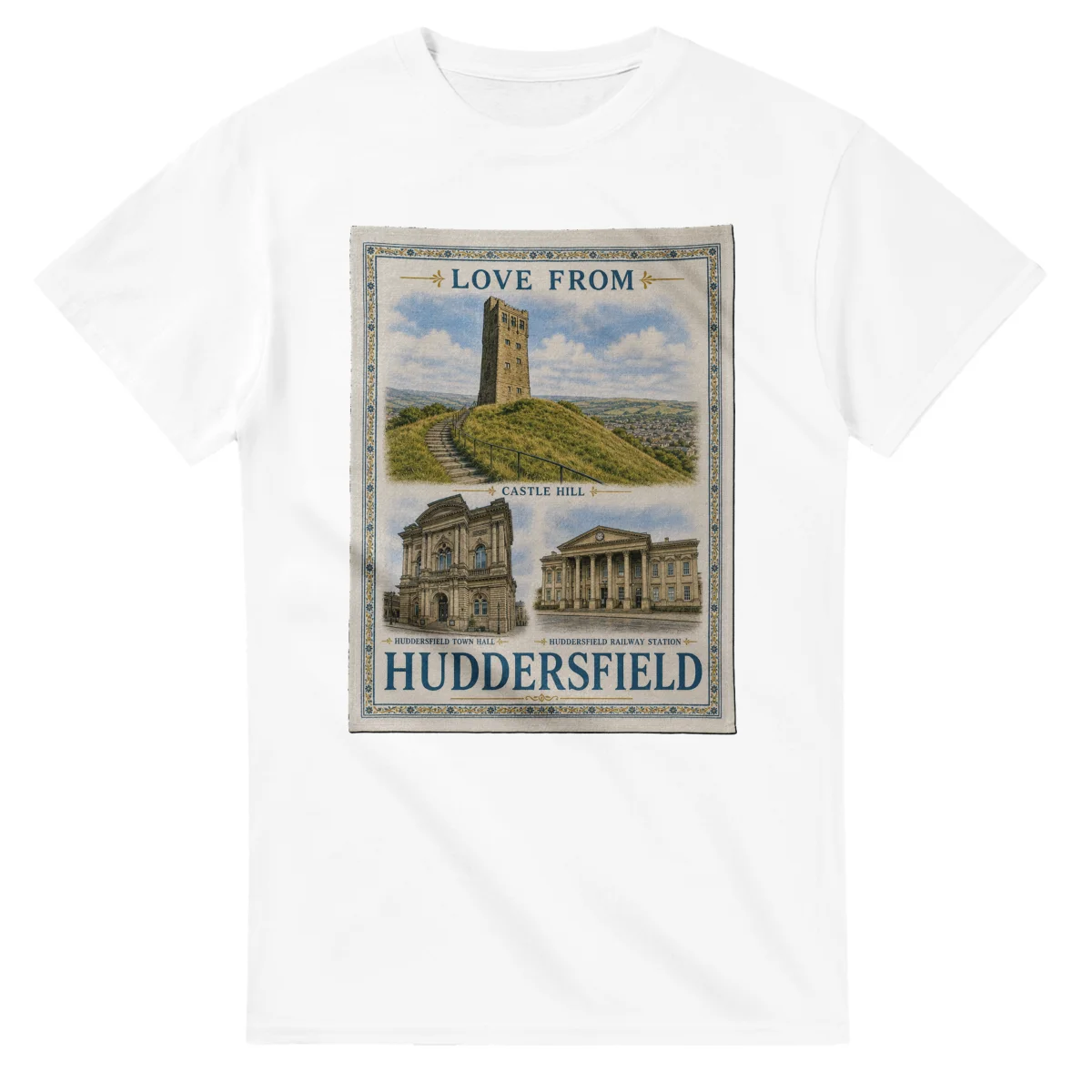 Framed scenic design for Huddersfield, with several local views, a decorative border and LOVE FROM lettering.