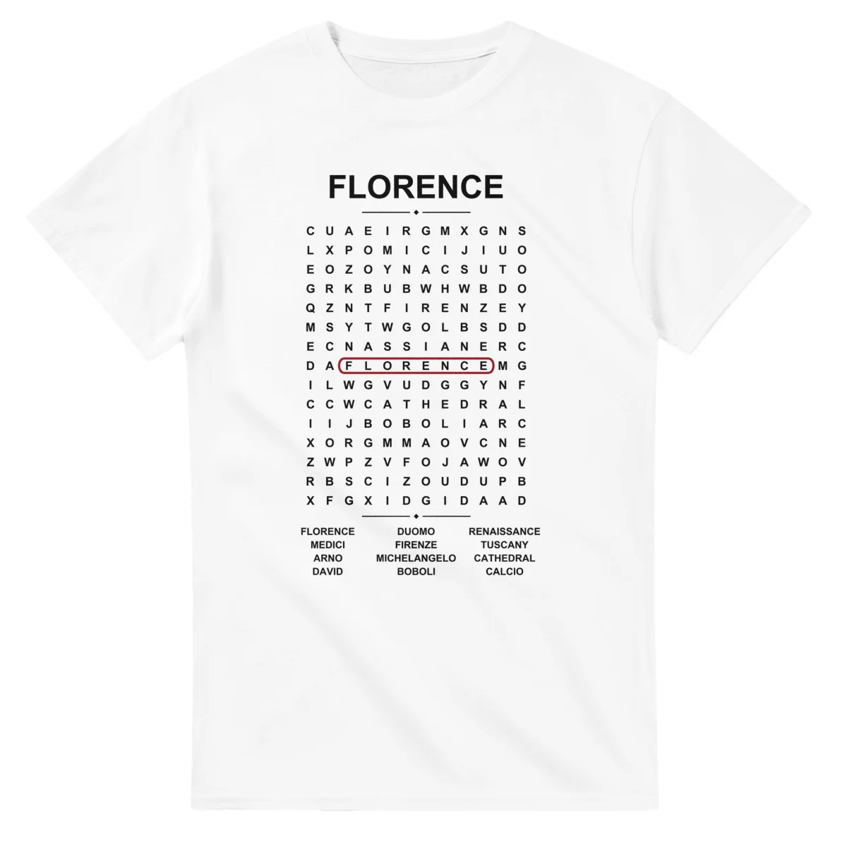 Word-search sheet for Florence, with a large place-name heading, a letter grid, a local answer list, and a red highlighted example word.