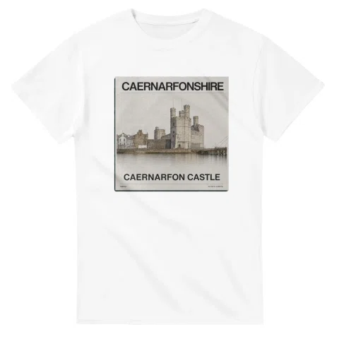 Fine-line engraving-style drawing for Caernarfonshire, with a landmark caption and small coordinate text.