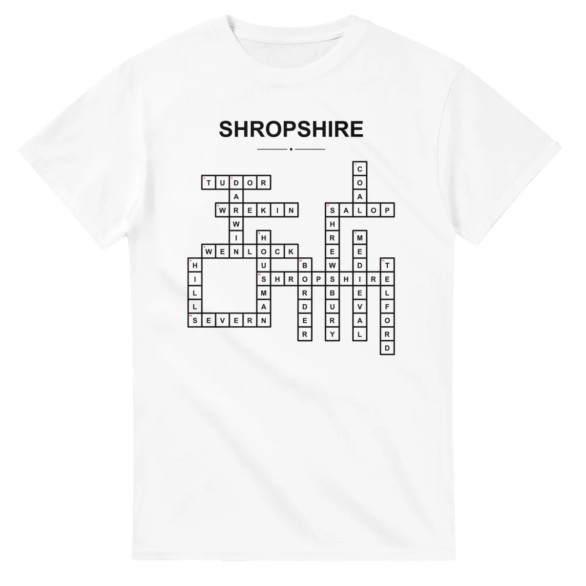 Monochrome crossword sheet for Shropshire, with a large place-name heading, a letter grid, and numbered across and down clues.