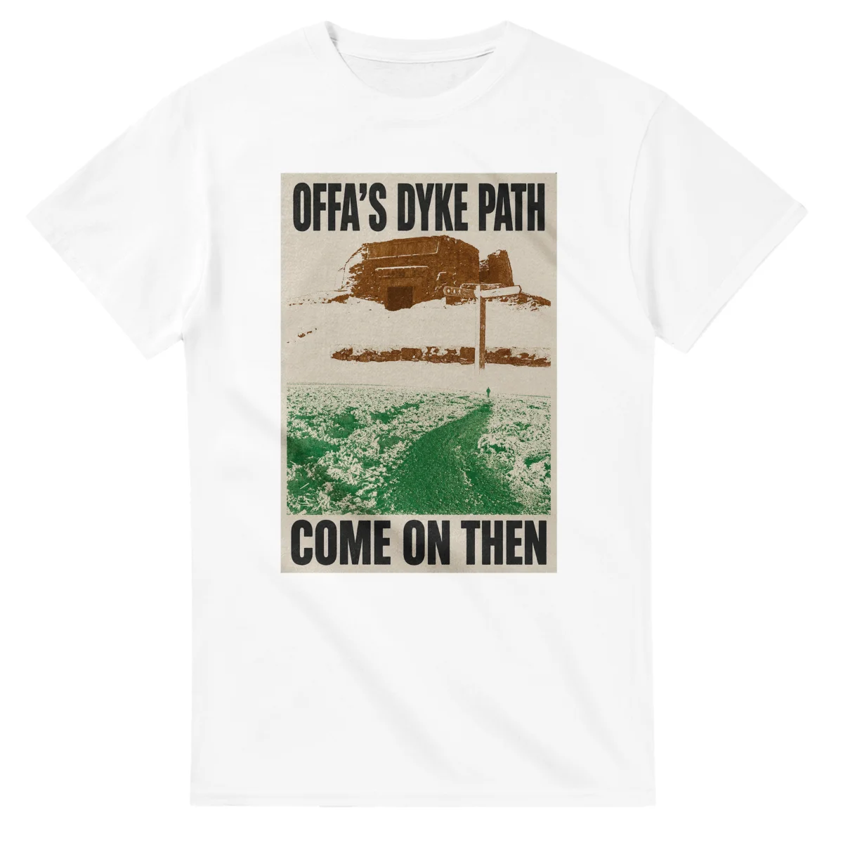 Two-colour scenic illustration for Offa's Dyke Path, with the place name and COME ON THEN lettering.