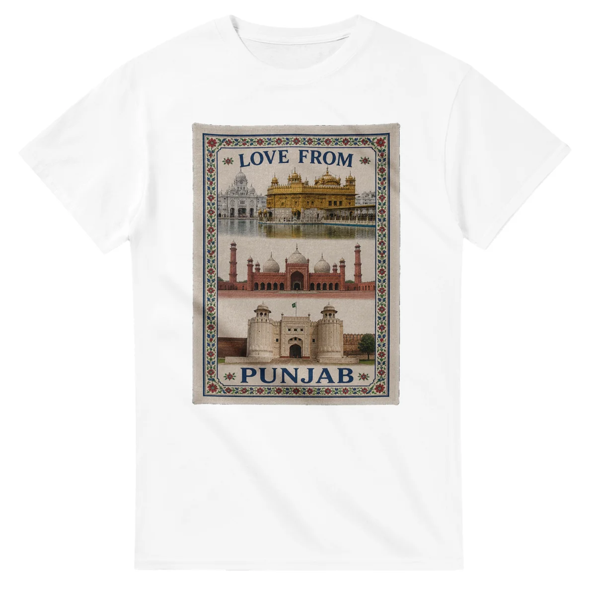 Framed scenic design for Punjab, with several local views, a decorative border and LOVE FROM lettering.