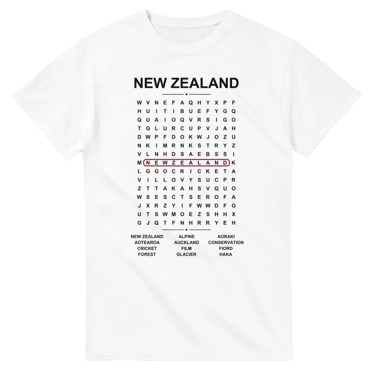 Word-search sheet for New Zealand, with a large place-name heading, a letter grid, a local answer list, and a red highlighted example word.