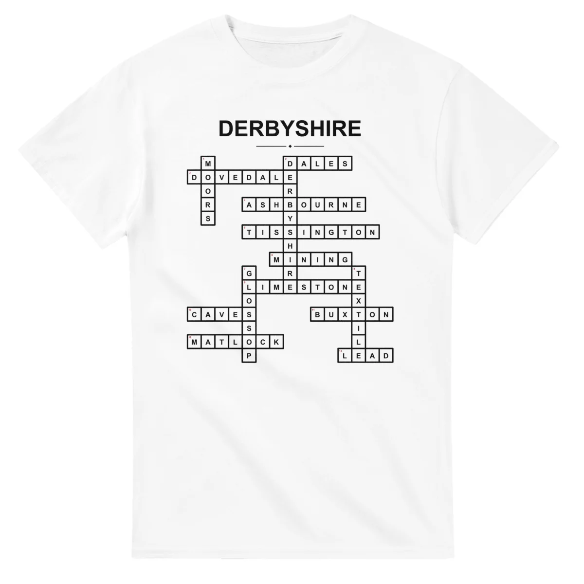 Monochrome crossword sheet for Derbyshire, with a large place-name heading, a letter grid, and numbered across and down clues.