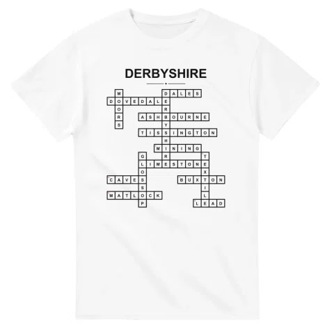 Monochrome crossword sheet for Derbyshire, with a large place-name heading, a letter grid, and numbered across and down clues.