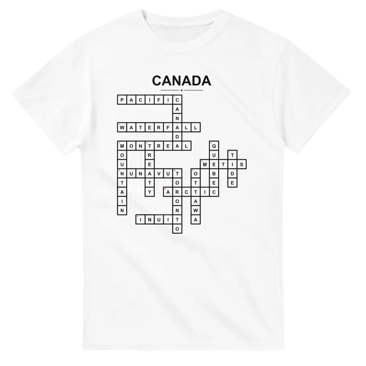 Monochrome crossword sheet for Canada, with a large place-name heading, a letter grid, and numbered across and down clues.
