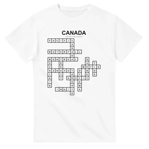 Monochrome crossword sheet for Canada, with a large place-name heading, a letter grid, and numbered across and down clues.