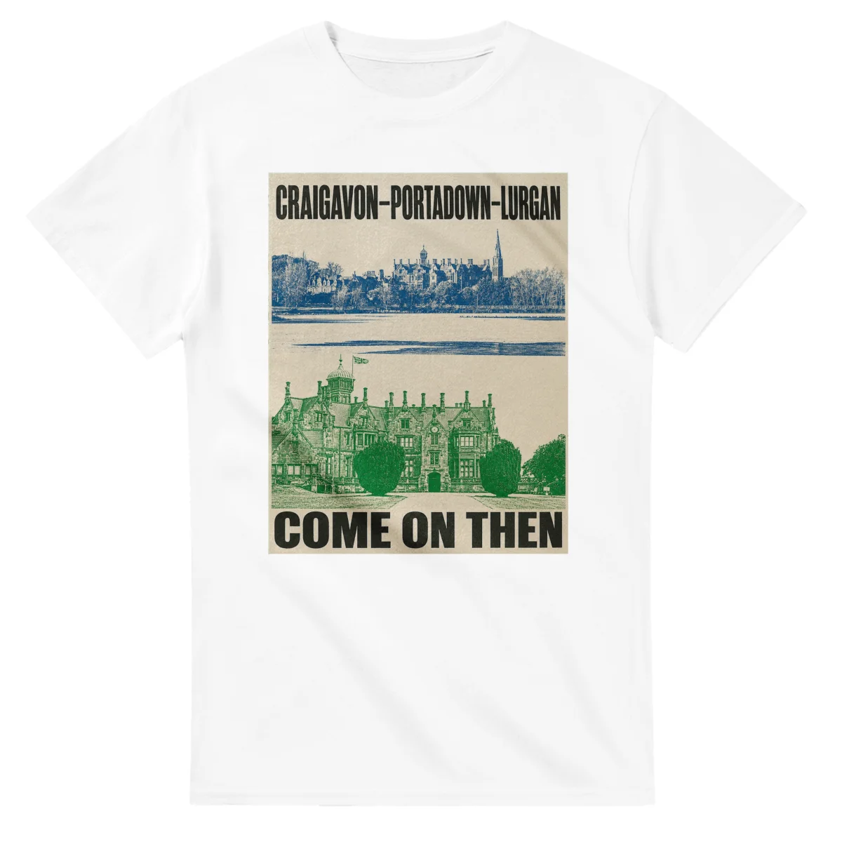 Two-colour scenic illustration for Craigavon–Portadown–Lurgan, with the place name and COME ON THEN lettering.