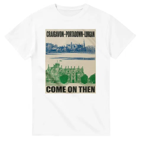 Two-colour scenic illustration for Craigavon–Portadown–Lurgan, with the place name and COME ON THEN lettering.