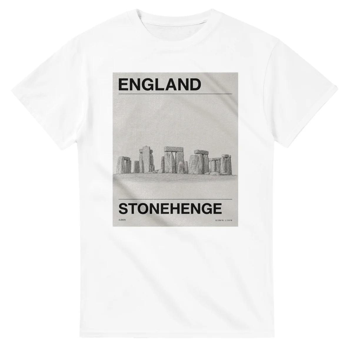 Fine-line engraving-style drawing for England, with a landmark caption and small coordinate text.
