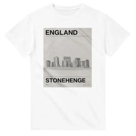 Fine-line engraving-style drawing for England, with a landmark caption and small coordinate text.
