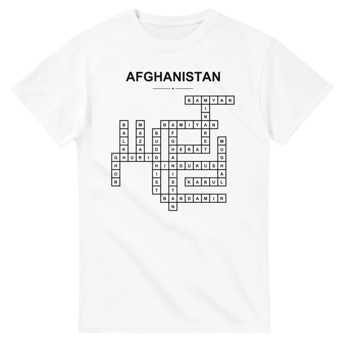 Monochrome crossword sheet for Afghanistan, with a large place-name heading, a letter grid, and numbered across and down clues.