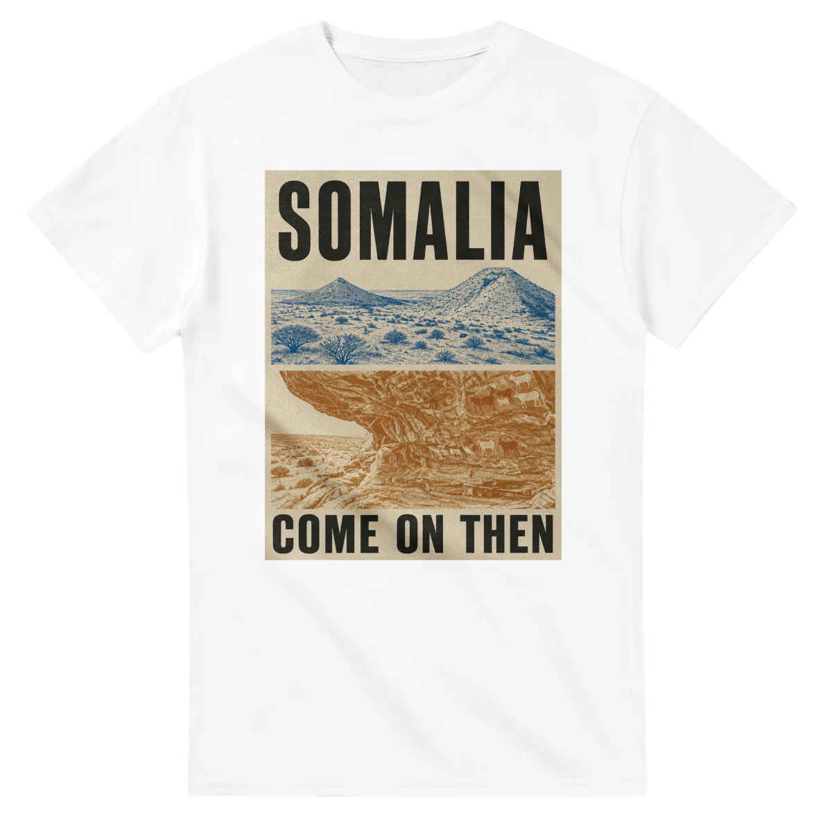 Two-colour scenic illustration for Somalia, with the place name and COME ON THEN lettering.