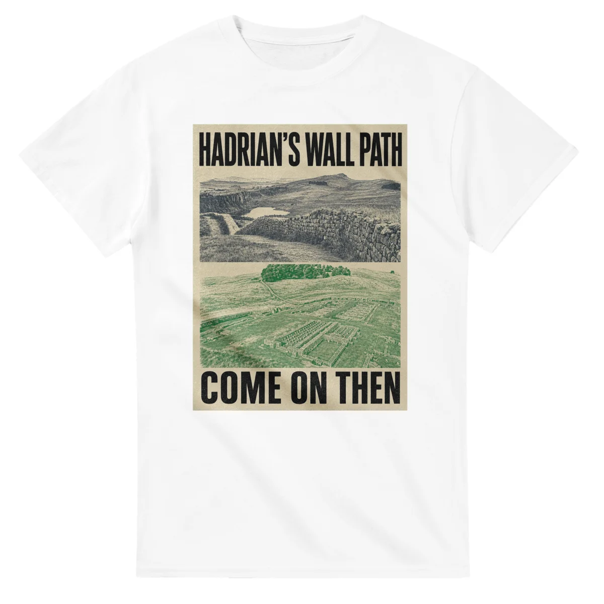 Two-colour scenic illustration for Hadrian's Wall Path, with the place name and COME ON THEN lettering.