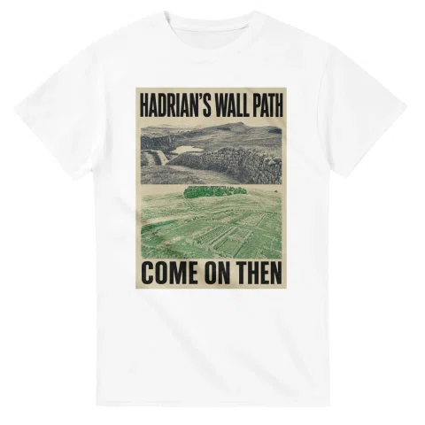 Two-colour scenic illustration for Hadrian's Wall Path, with the place name and COME ON THEN lettering.