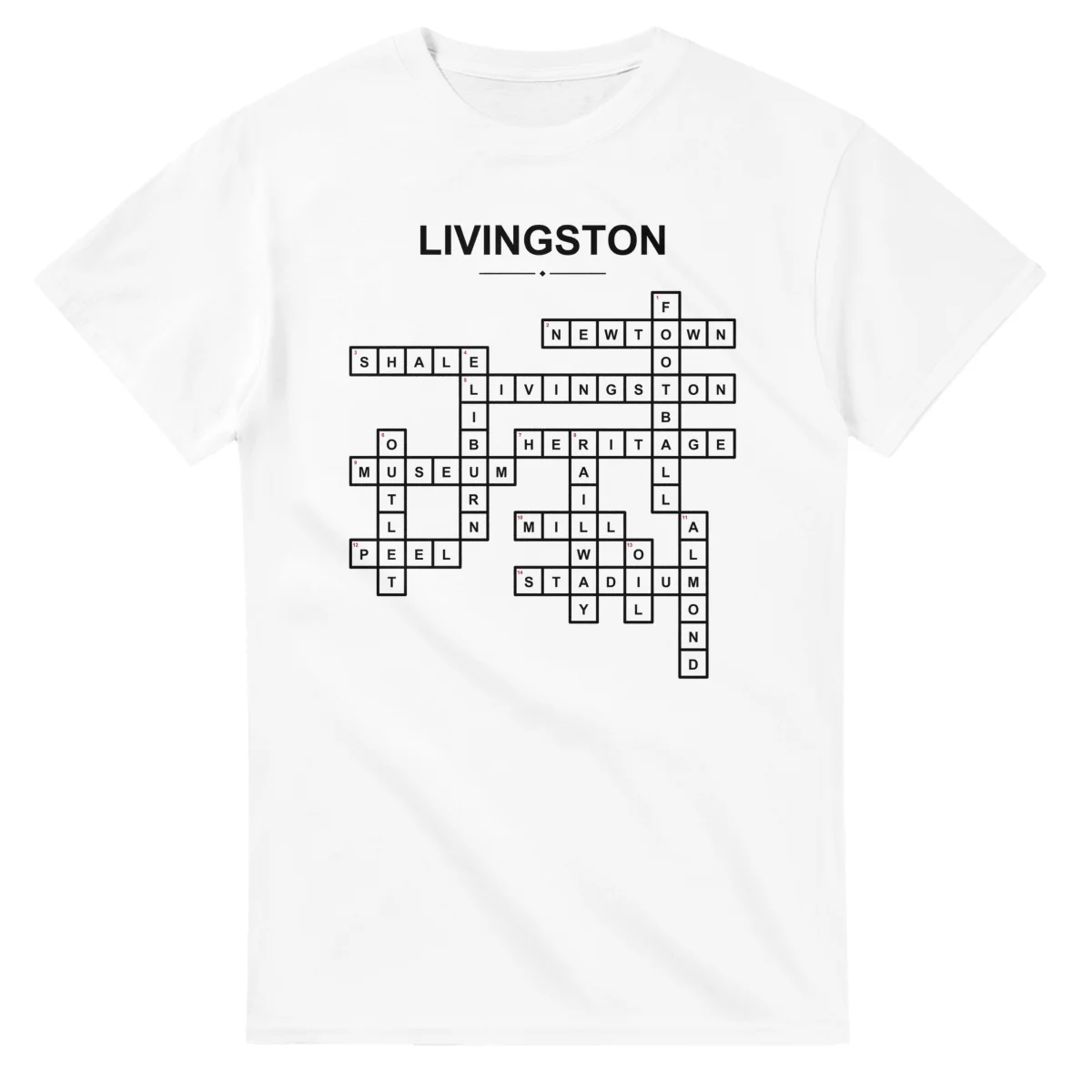 Monochrome crossword sheet for Livingston, with a large place-name heading, a letter grid, and numbered across and down clues.