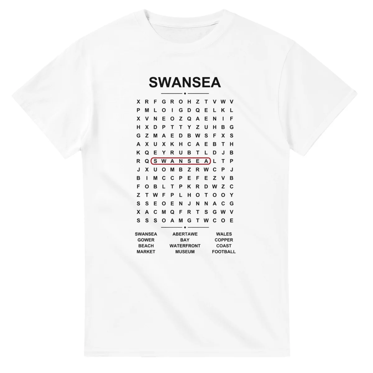 Word-search sheet for Swansea, with a large place-name heading, a letter grid, a local answer list, and a red highlighted example word.