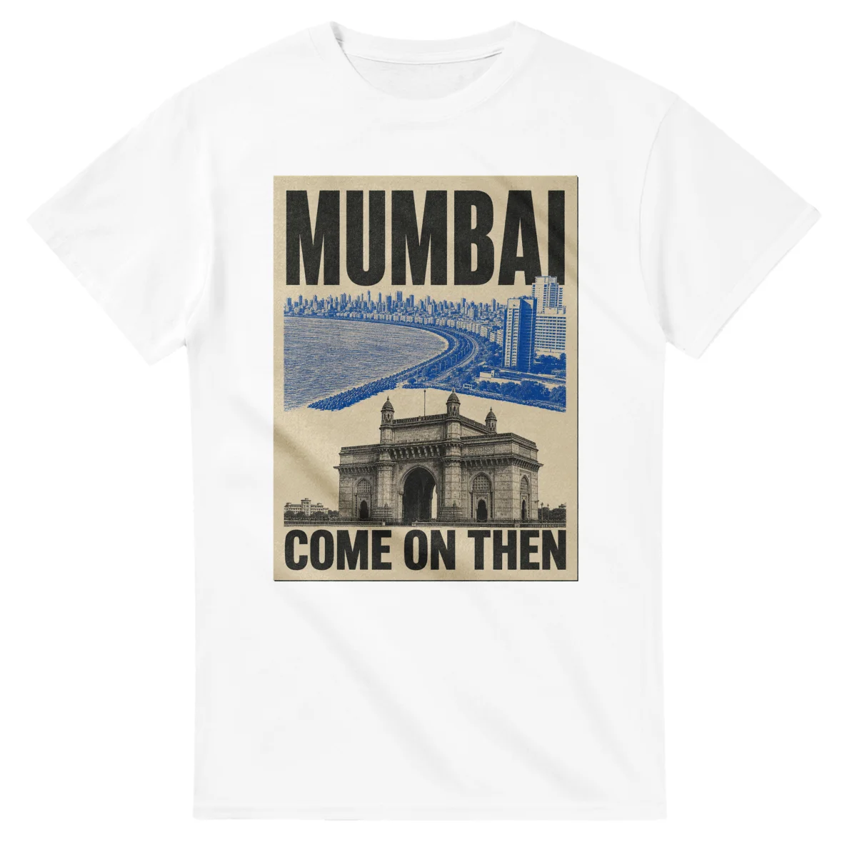 Two-colour scenic illustration for Mumbai, with the place name and COME ON THEN lettering.