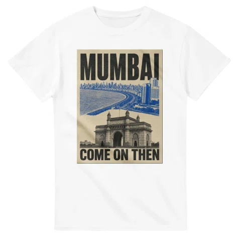 Two-colour scenic illustration for Mumbai, with the place name and COME ON THEN lettering.