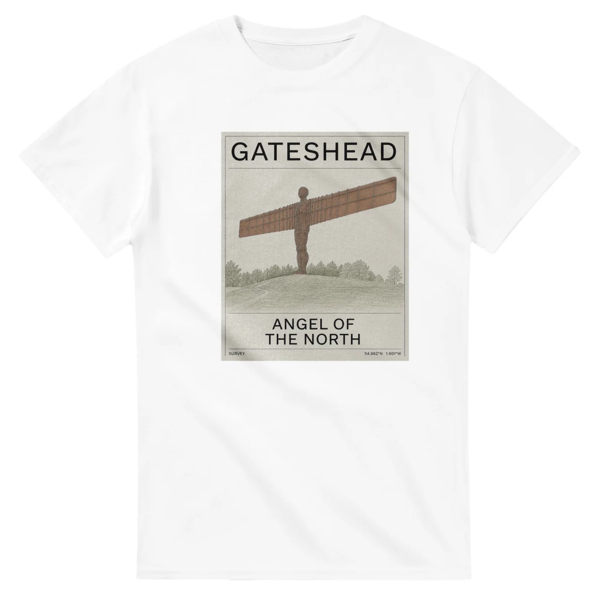 Fine-line engraving-style drawing for Gateshead, with a landmark caption and small coordinate text.