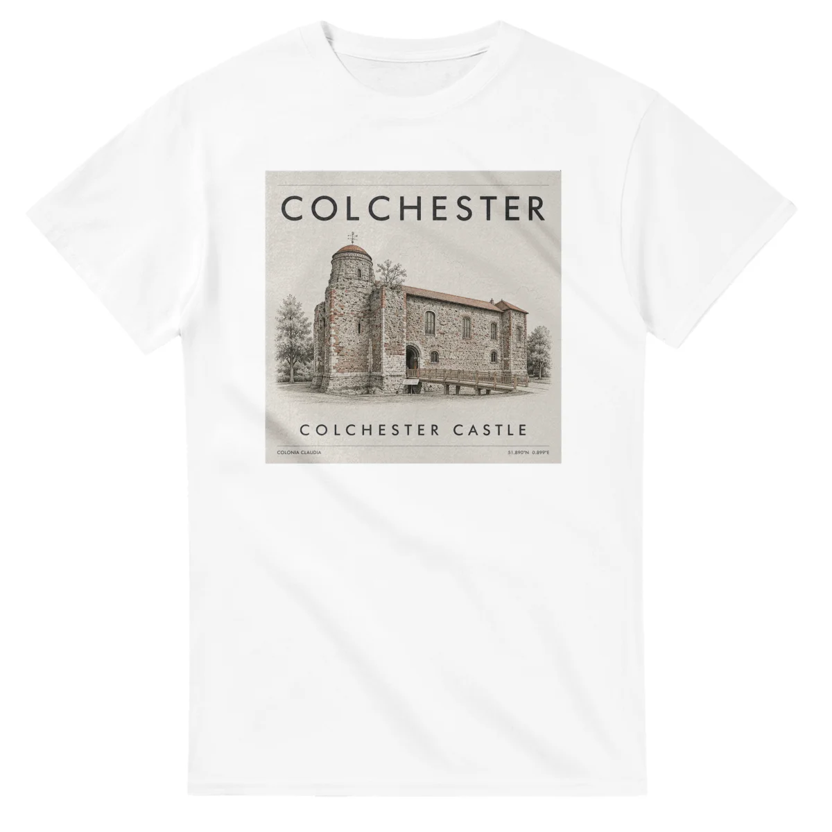 Fine-line engraving-style drawing for Colchester, with a landmark caption and small coordinate text.