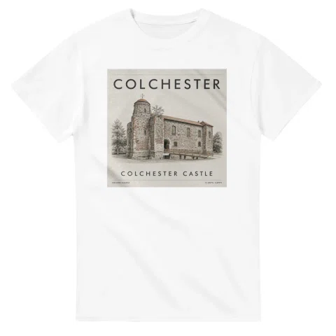Fine-line engraving-style drawing for Colchester, with a landmark caption and small coordinate text.