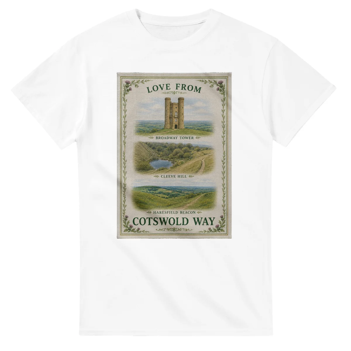 Framed scenic design for Cotswold Way, with several local views, a decorative border and LOVE FROM lettering.
