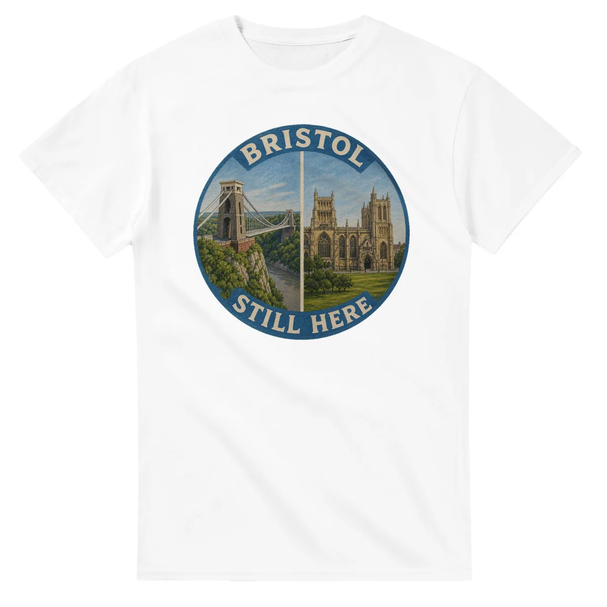 Painted, panelled scenic illustration for Bristol, with paired local scenes and the place name in lettering.