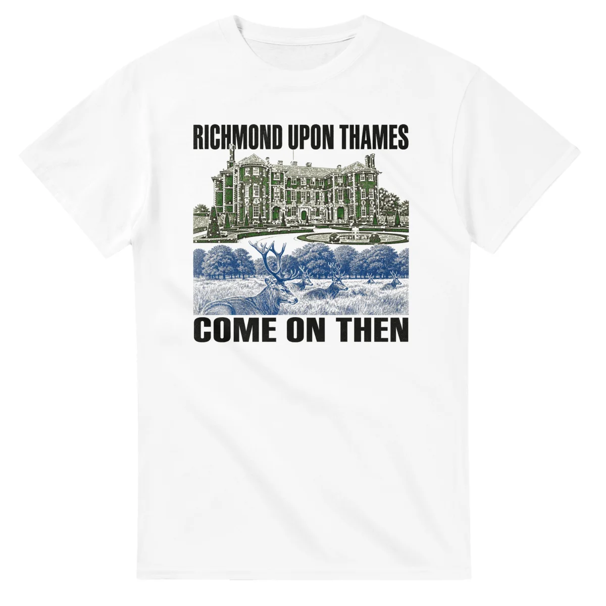 Two-colour scenic illustration for London Borough of Richmond upon Thames, with the place name and COME ON THEN lettering.