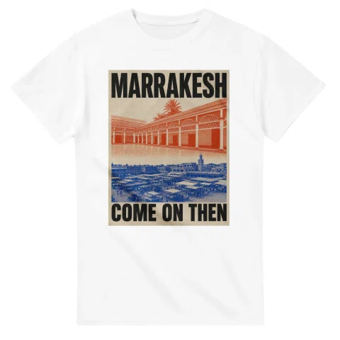 Two-colour scenic illustration for Marrakesh, with the place name and COME ON THEN lettering.