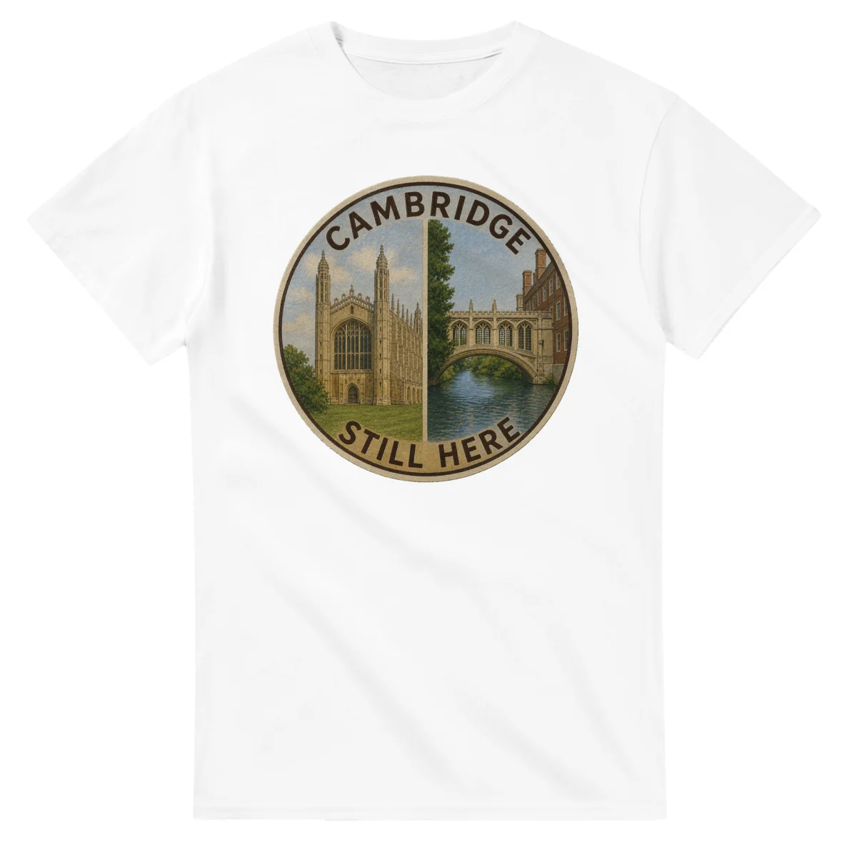 Painted, panelled scenic illustration for Cambridge, with paired local scenes and the place name in lettering.