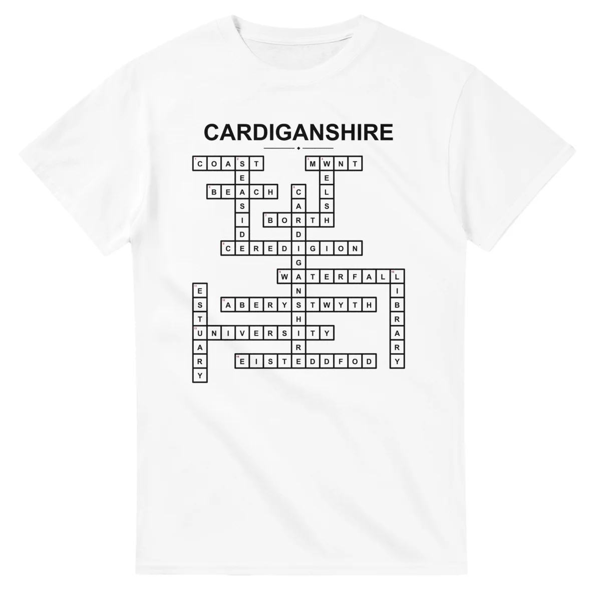 Monochrome crossword sheet for Cardiganshire, with a large place-name heading, a letter grid, and numbered across and down clues.