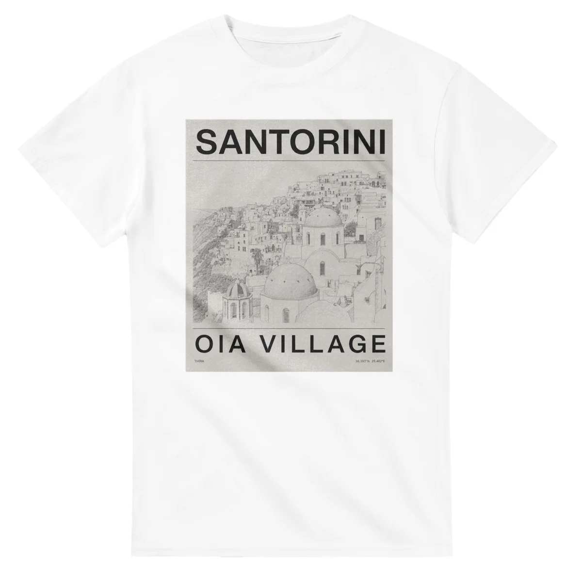Fine-line engraving-style drawing for Santorini, with a landmark caption and small coordinate text.